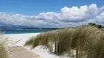 Acceso a la Playa de O Vao a través de un sendero entre dunas y vegetación