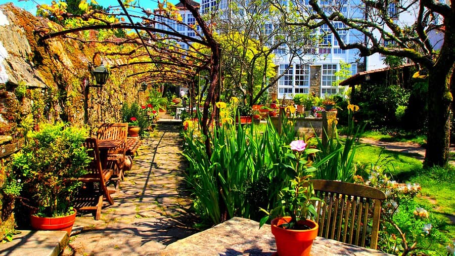 Jardín exterior del hotel con sendero y vegetación