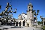 Vista exterior de la Iglesia de Santa Cristina de Lavadores bajo cielo azul con árboles sin hojas