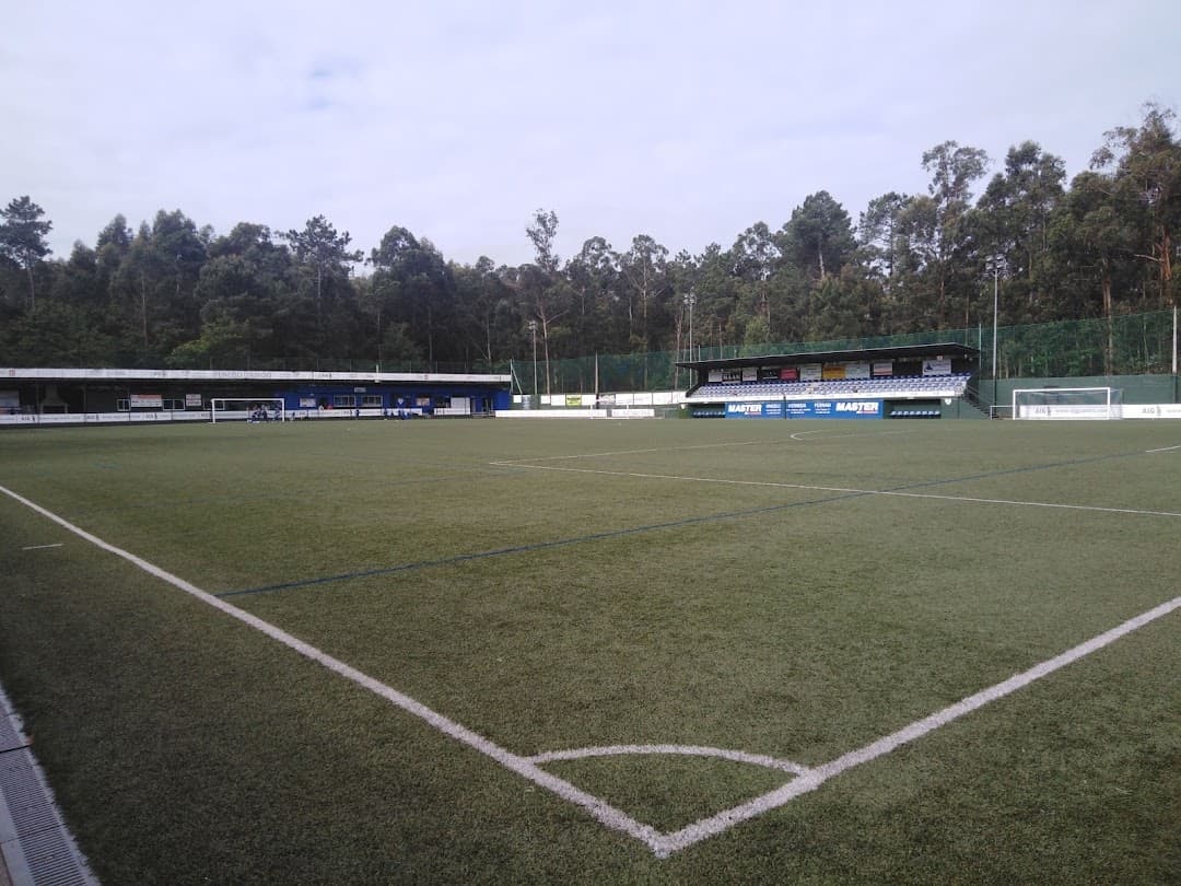 Campo de fútbol con gradas y árboles al fondo, vista desde la esquina del campo