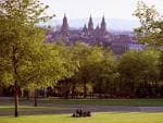 Vista del Parque Eugenio Granell con la Catedral de Santiago de Compostela al fondo.