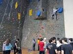 Grupo de personas practicando escalada en un rocódromo interior