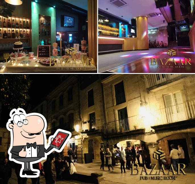 Vista collage del Pub Bazaar en Pontevedra, incluyendo el área de bar, la pista de baile y la fachada exterior nocturna con gente