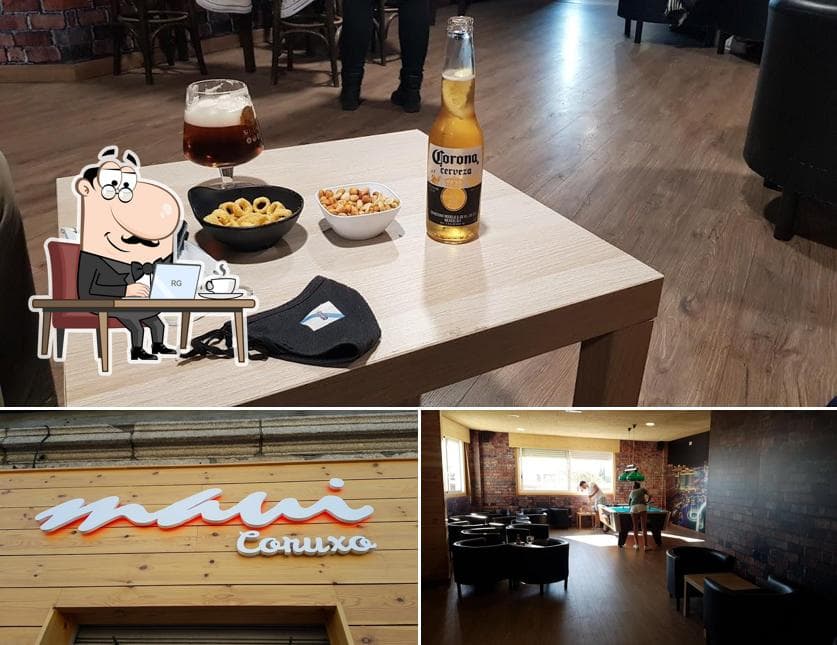 Fachada y ambientes interiores de la Cafetería Maui Coruxo