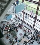 Interior de un vestíbulo o sala común con grandes ventanales y estudiantes