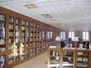 Interior de la biblioteca con estanterías de madera y mesas de estudio