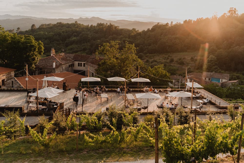 Vista aérea del Pazo de Toubes y viñedos al atardecer