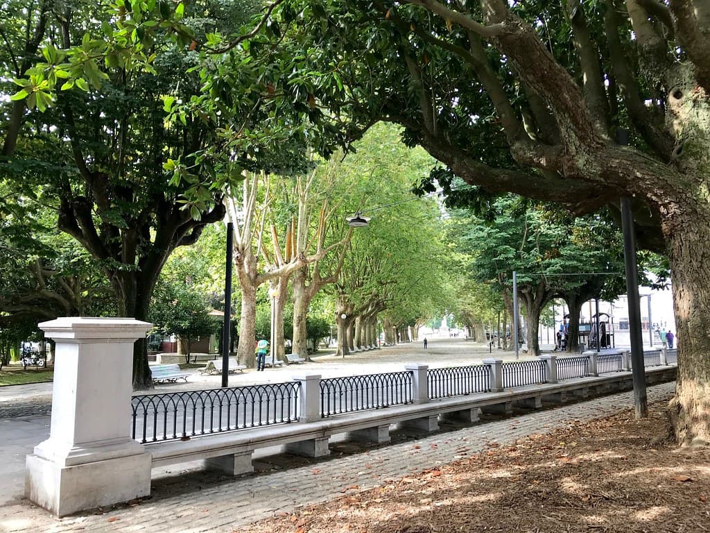 Paseo arbolado con bancos y elementos arquitectónicos en el Cantón de Molíns