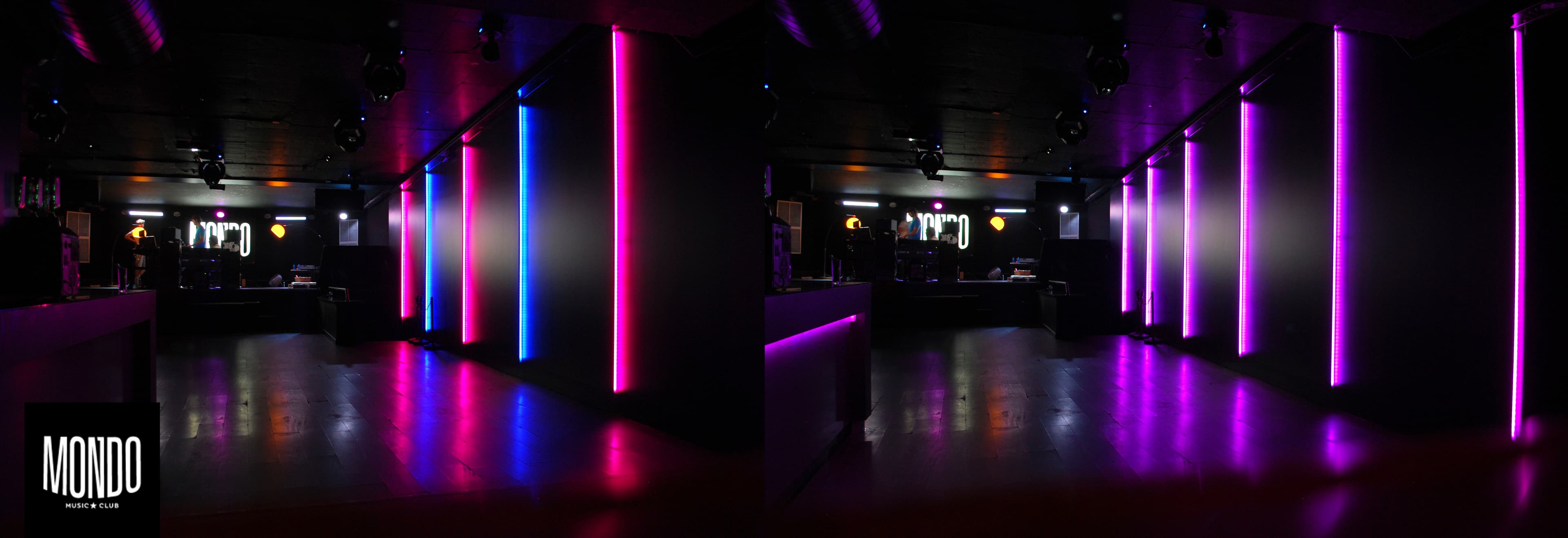 Interior del Mondo Club con iluminación de escenario y pasillo
