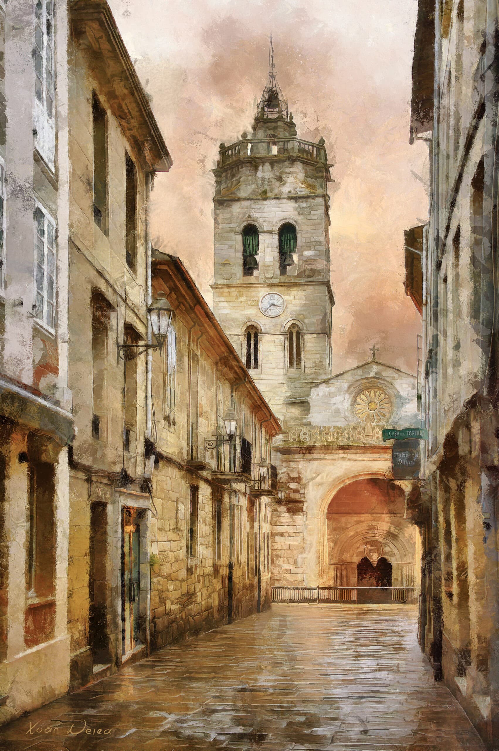 Vista artística de la Rúa Bispo Basulto con la Catedral de Lugo al fondo