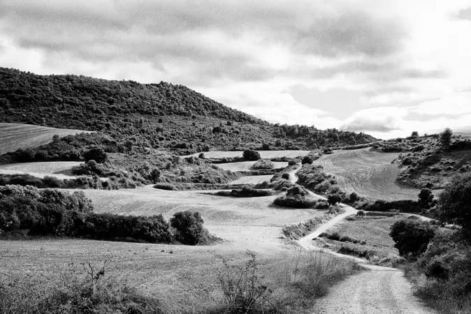 Paisaje rural en blanco y negro con campos y caminos en la región de Ourense