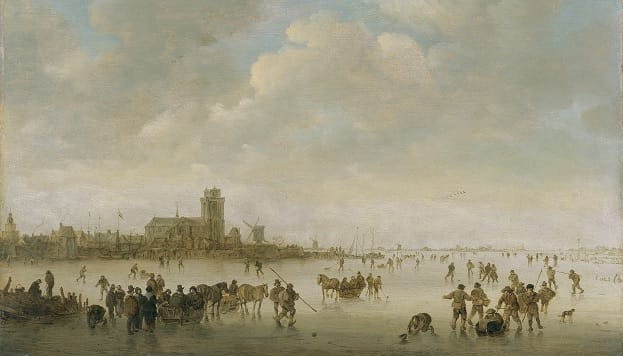 Paisaje invernal con figuras sobre el hielo