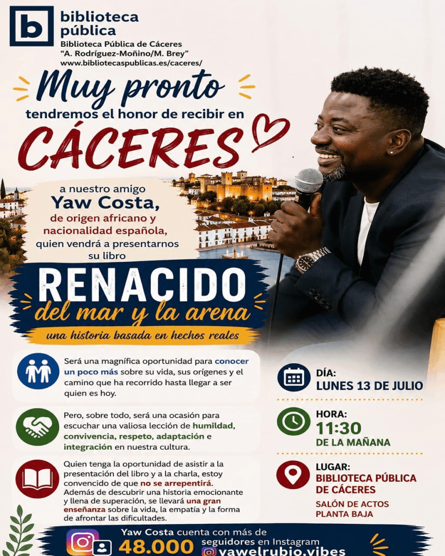 Presentación del libro 'Renacido del mar y la arena' de Yaw Costa