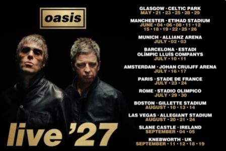 Oasis vuelve a Barcelona en 2027: dos noches y un registro