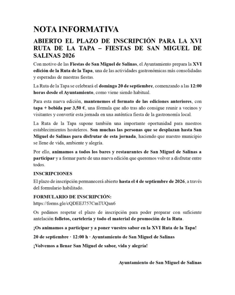 XVI Ruta de la Tapa de San Miguel de Salinas