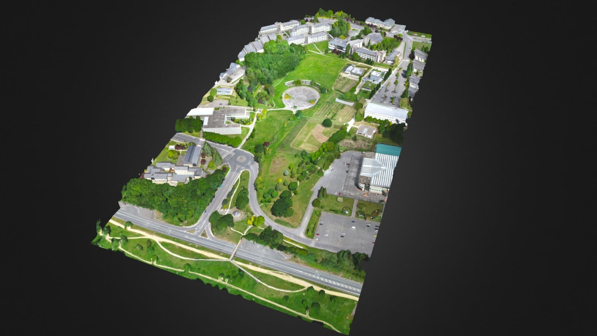 Vista aérea esquemática del Campus Terra con su distribución y zonas verdes