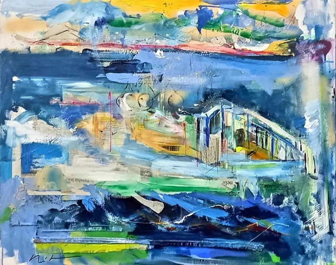 Pintura abstracta con tonos azules y amarillos, representativa del arte expuesto en la galería
